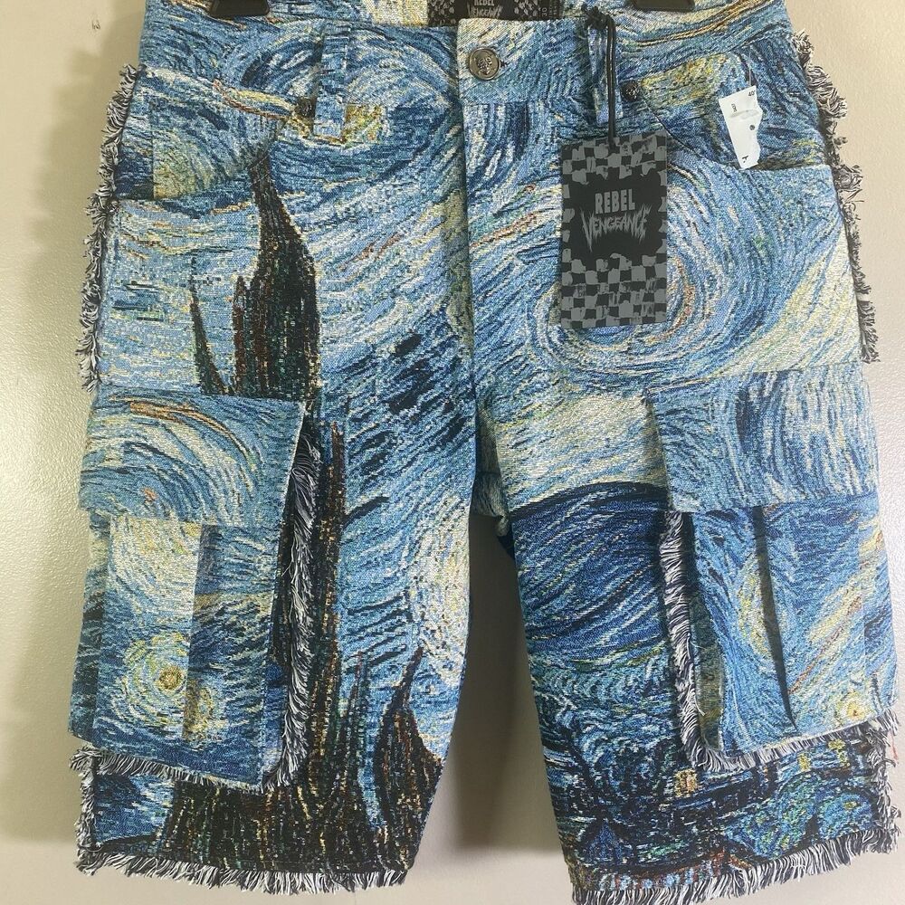 Rebel Vengeance Starry Night Cargo Shorts Tapestry Van Gogh Mens 30 Textured